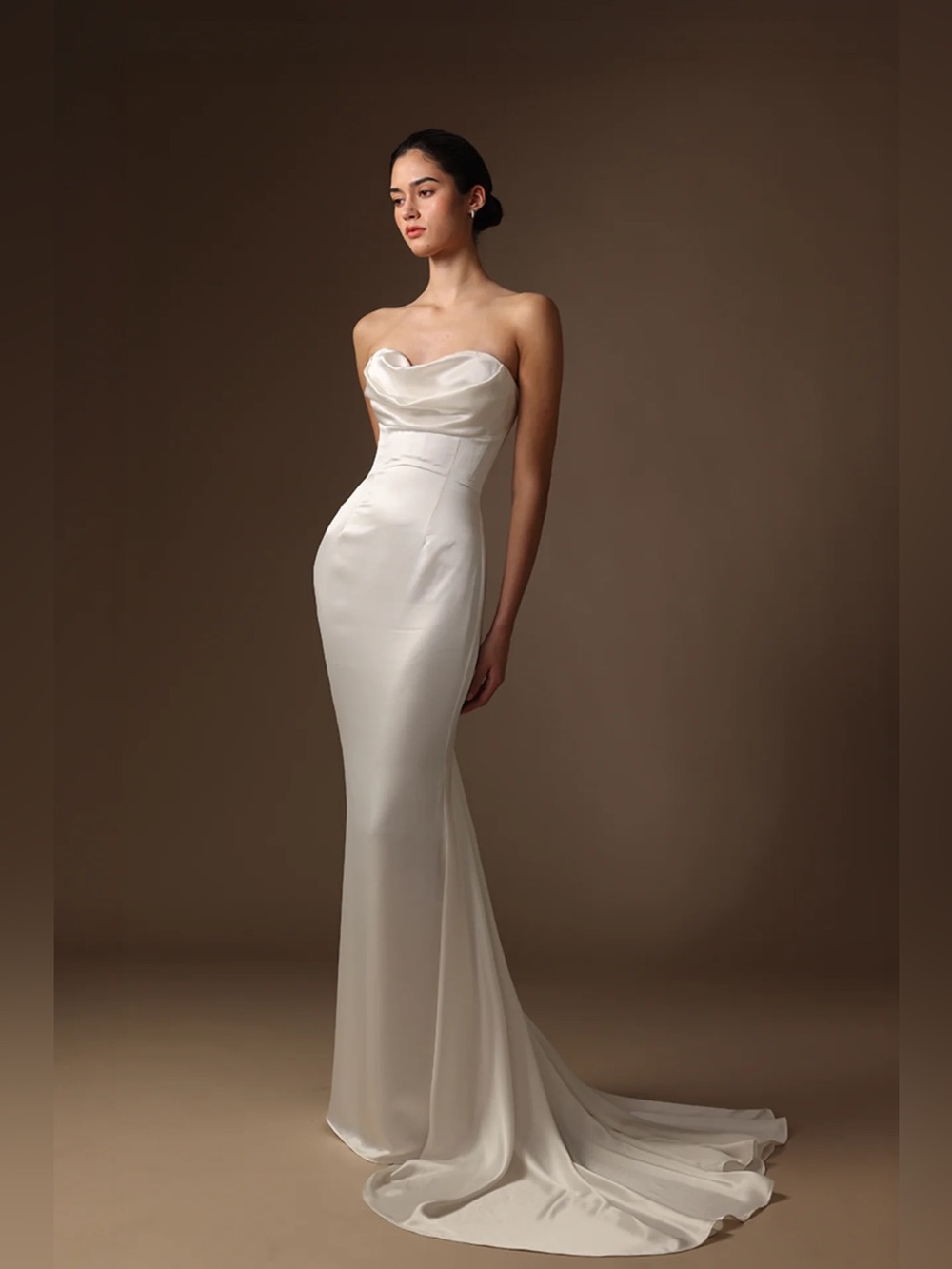 Sau Lee RIANNE SATIN GOWN Strapless Satin Gown in ivory white  with train
